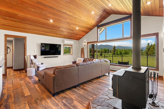 100 N Low Bench Rd, Gallatin Gateway, MT 59730 - living area with wooden ceiling, a wall mounted AC, dark wood-style floors, high vaulted ceiling, and recessed lighting