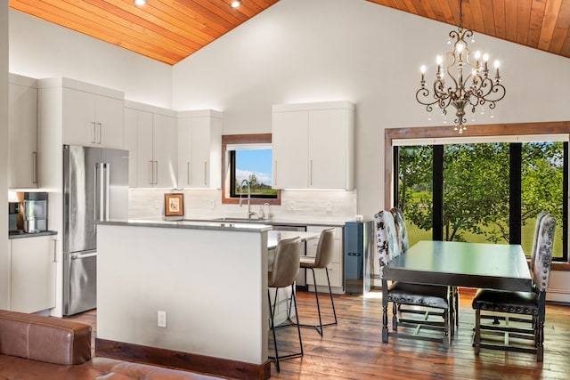 100 N Low Bench Rd, Gallatin Gateway, MT 59730 - kitchen with freestanding refrigerator, wooden ceiling, a center island, high vaulted ceiling, and wood finished floors
