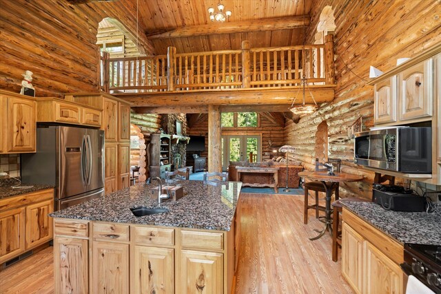 421 Swanson Lodge Rd, Troy, MT 59935 - kitchen featuring log walls, appliances with stainless steel finishes, a sink, high vaulted ceiling, and wood ceiling with exposed beams