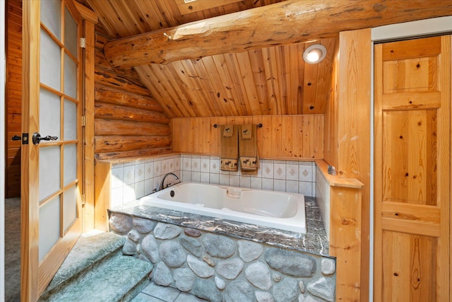 421 Swanson Lodge Rd, Troy, MT 59935 - full bath featuring rustic walls, wooden ceiling, and a bath