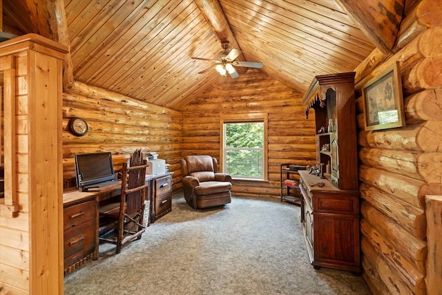 421 Swanson Lodge Rd, Troy, MT 59935 - office area with wooden ceiling, carpet flooring, ceiling fan, and log walls
