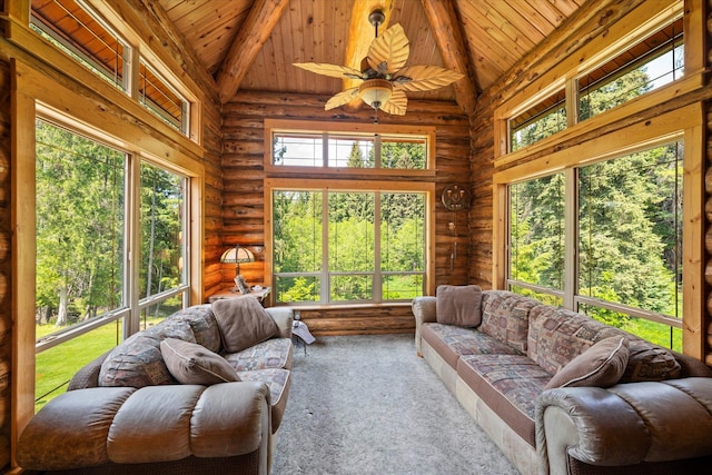 421 Swanson Lodge Rd, Troy, MT 59935 - sunroom featuring high vaulted ceiling, wood ceiling with exposed beams, ceiling fan, and carpet