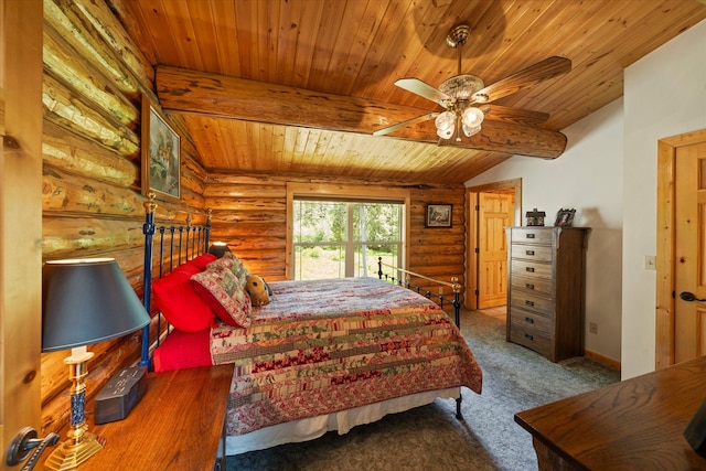 421 Swanson Lodge Rd, Troy, MT 59935 - bedroom featuring rustic walls, wood ceiling, carpet flooring, and a ceiling fan