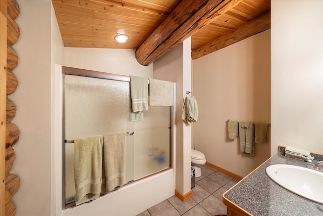 421 Swanson Lodge Rd, Troy, MT 59935 - bathroom featuring tile patterned floors, wooden ceiling, toilet, shower / bath combination with glass door, and vanity