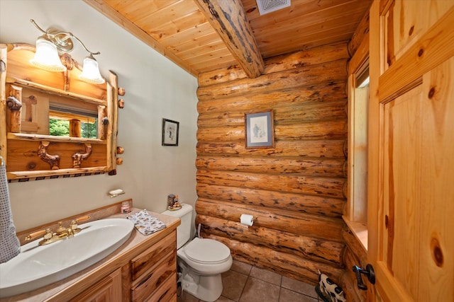 421 Swanson Lodge Rd, Troy, MT 59935 - half bathroom featuring log walls, wooden ceiling with exposed beams, vanity, tile patterned flooring, and toilet