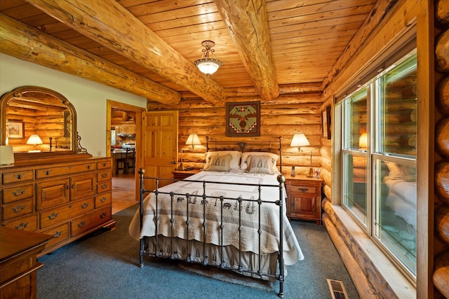 421 Swanson Lodge Rd, Troy, MT 59935 - bedroom with log walls, wooden ceiling with exposed beams, and carpet flooring