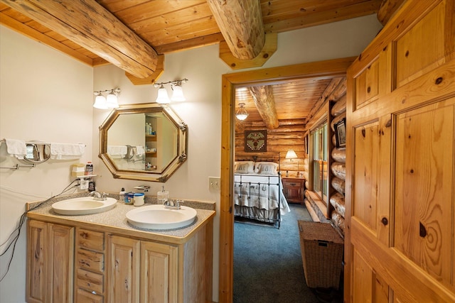 421 Swanson Lodge Rd, Troy, MT 59935 - bathroom with wooden ceiling with exposed beams, rustic walls, and double vanity