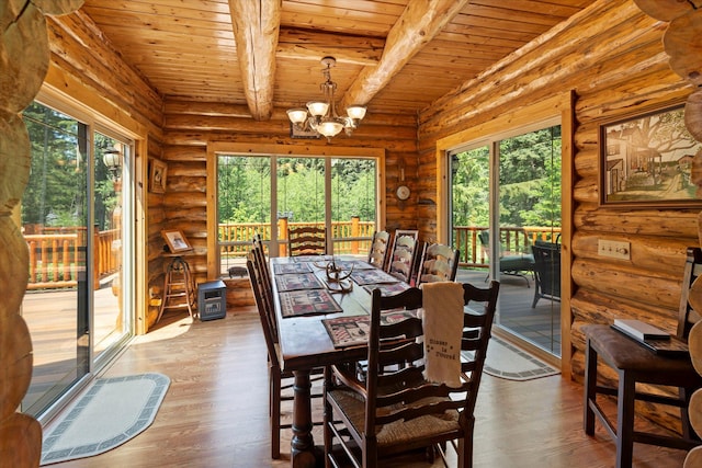 421 Swanson Lodge Rd, Troy, MT 59935 - dining space with wooden ceiling with exposed beams, a chandelier, wood finished floors, plenty of natural light, and rustic walls