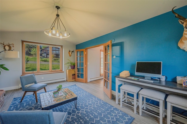 1520 Highland St, Helena, MT 59601 - office area with baseboard heating, french doors, wood finished floors, and lofted ceiling