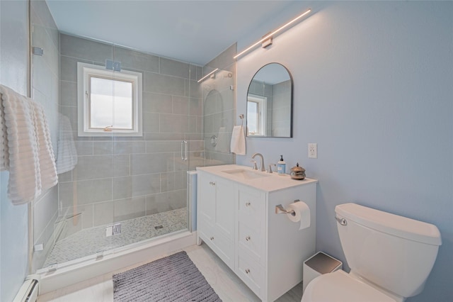 1520 Highland St, Helena, MT 59601 - full bathroom featuring a shower stall, toilet, a baseboard heating unit, and vanity