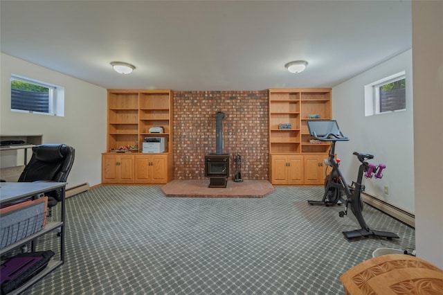 1520 Highland St, Helena, MT 59601 - carpeted office featuring baseboard heating, a wood stove, and healthy amount of natural light