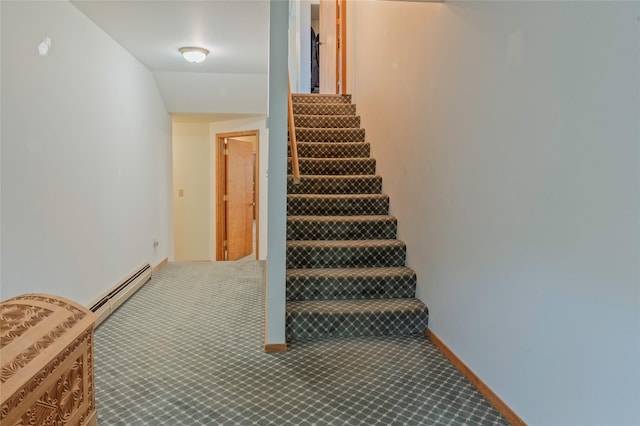 1520 Highland St, Helena, MT 59601 - stairs with a baseboard radiator, carpet floors, vaulted ceiling, and baseboards
