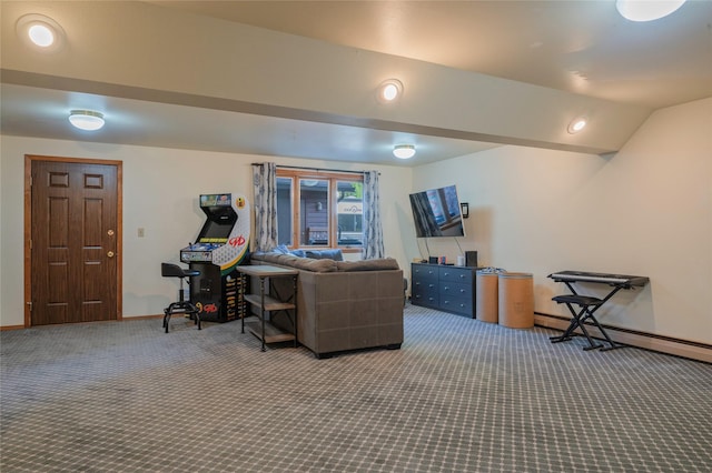 1520 Highland St, Helena, MT 59601 - office area featuring carpet floors, baseboards, vaulted ceiling, and a baseboard radiator