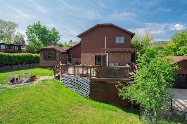 1520 Highland St, Helena, MT 59601 - rear view of house featuring a wooden deck, brick siding, a yard, and a pergola