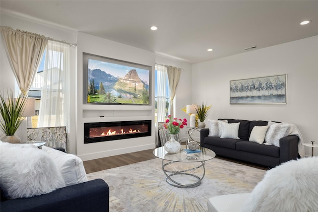 208 Cowboy Dr, Columbia Falls, MT 59912 - living area with wood finished floors, recessed lighting, and a glass covered fireplace
