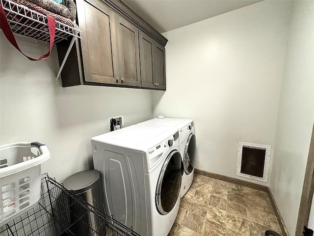 3075 Callaway Dr, East Helena, MT 59635 - washroom featuring independent washer and dryer, cabinet space, baseboards, heating unit, and light stone finish floors