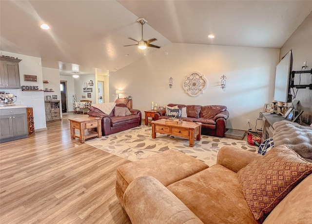 3075 Callaway Dr, East Helena, MT 59635 - living room with ceiling fan, light wood-type flooring, and vaulted ceiling