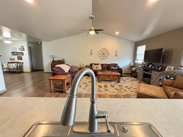 3075 Callaway Dr, East Helena, MT 59635 - living area with wood finished floors, lofted ceiling, a ceiling fan, and recessed lighting