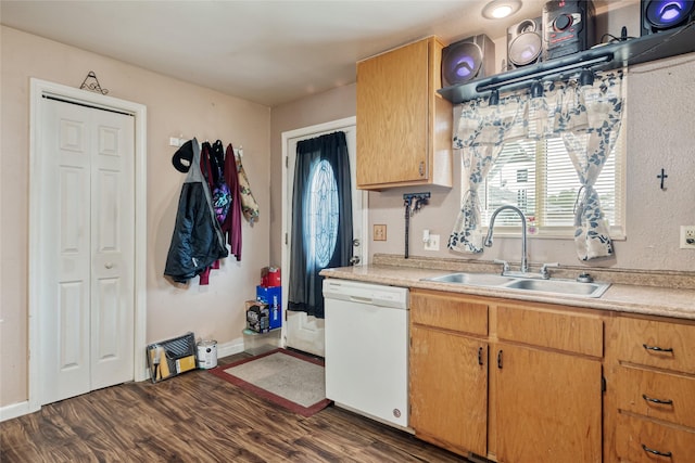 424 4th Ave, Victor, MT 59875 - kitchen with dishwasher, a sink, dark wood-style floors, light countertops, and baseboards