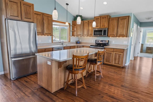 760 Lundeen Rd, Eureka, MT 59917 - kitchen featuring stainless steel appliances, brown cabinetry, dark wood-style flooring, a kitchen island, and a sink