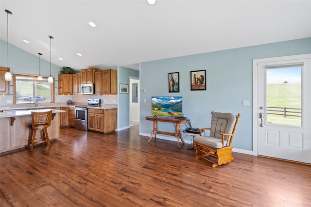 760 Lundeen Rd, Eureka, MT 59917 - kitchen with appliances with stainless steel finishes, brown cabinetry, a kitchen breakfast bar, dark wood-style flooring, and light countertops