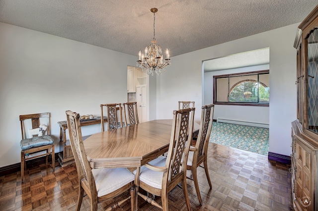 1644 Gold Rush Ave, Helena, MT 59601 - dining space featuring a baseboard heating unit, a chandelier, a textured ceiling, and baseboards