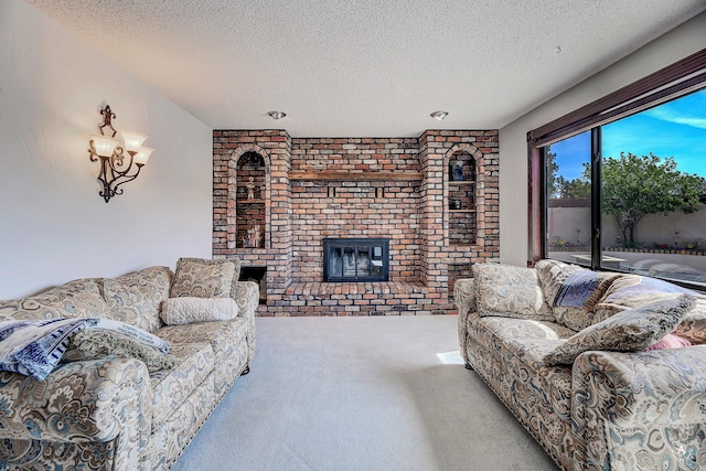 1644 Gold Rush Ave, Helena, MT 59601 - living area featuring carpet flooring, a textured ceiling, a brick fireplace, and brick wall
