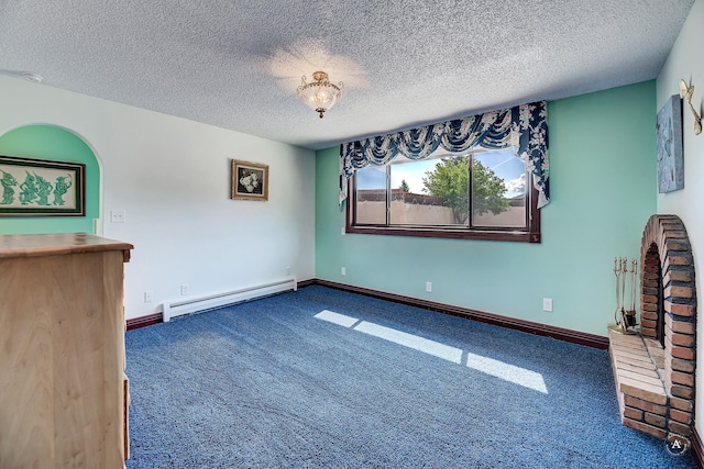 1644 Gold Rush Ave, Helena, MT 59601 - unfurnished living room featuring a baseboard heating unit, carpet floors, a textured ceiling, and baseboards