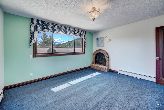 1644 Gold Rush Ave, Helena, MT 59601 - unfurnished living room featuring baseboard heating, carpet floors, a textured ceiling, and a fireplace