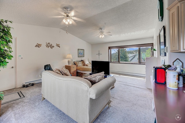 1644 Gold Rush Ave, Helena, MT 59601 - living area with light colored carpet, a ceiling fan, lofted ceiling, a baseboard radiator, and a textured ceiling