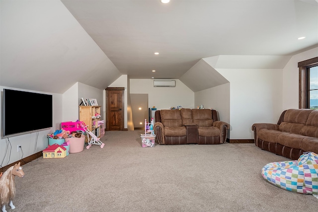 45331 Turnquist Rd, Ronan, MT 59864 - living room featuring carpet flooring, lofted ceiling, a wall mounted AC, recessed lighting, and baseboards