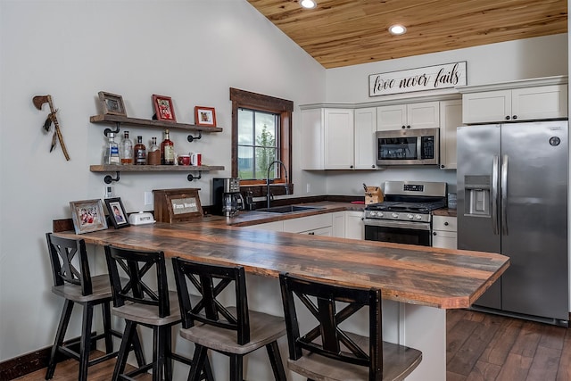 45331 Turnquist Rd, Ronan, MT 59864 - kitchen featuring stainless steel appliances, a sink, wooden ceiling, wood counters, and a breakfast bar