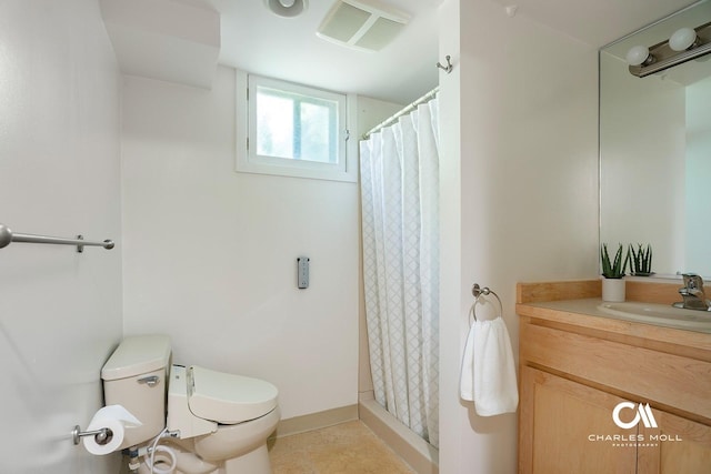 1302 Highland St, Helena, MT 59601 - full bath with toilet, vanity, a shower with curtain, and tile patterned floors