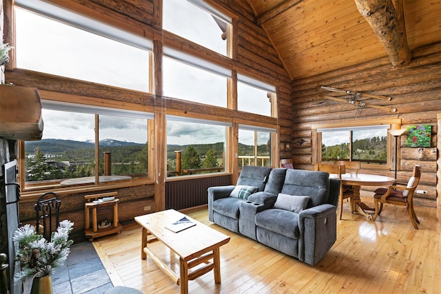 30 Douglas Lee Ln, Anaconda, MT 59711 - living room with rustic walls, high vaulted ceiling, wooden ceiling, a mountain view, and light wood finished floors