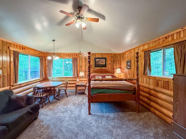 2055 Teton Canyon Rd, Choteau, MT 59422 - carpeted bedroom with multiple windows, rustic walls, wooden walls, and vaulted ceiling