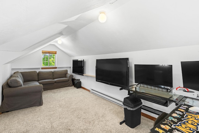 36 Silo St, Belgrade, MT 59714 - carpeted living room featuring lofted ceiling and a baseboard radiator