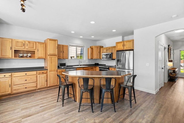 36 Silo St, Belgrade, MT 59714 - kitchen featuring stainless steel appliances, arched walkways, light wood-type flooring, a kitchen breakfast bar, and recessed lighting