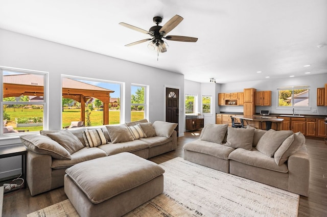 36 Silo St, Belgrade, MT 59714 - living room with plenty of natural light, wood finished floors, recessed lighting, and ceiling fan