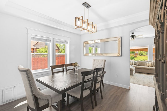 36 Silo St, Belgrade, MT 59714 - dining room with ornamental molding, plenty of natural light, wood finished floors, ceiling fan, and a chandelier