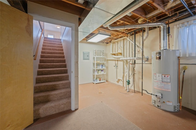 5706 Shannon Ct, Helena, MT 59602 - below grade area featuring gas water heater, stairs, and electric panel