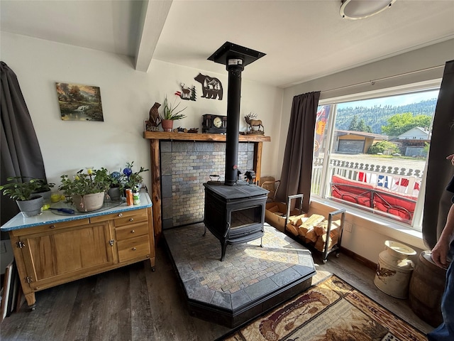 306 E Missoula Ave, Troy, MT 59935 - living room with dark wood finished floors, a wood stove, and beam ceiling