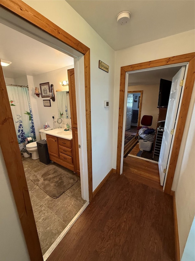 306 E Missoula Ave, Troy, MT 59935 - corridor with dark wood finished floors and a sink