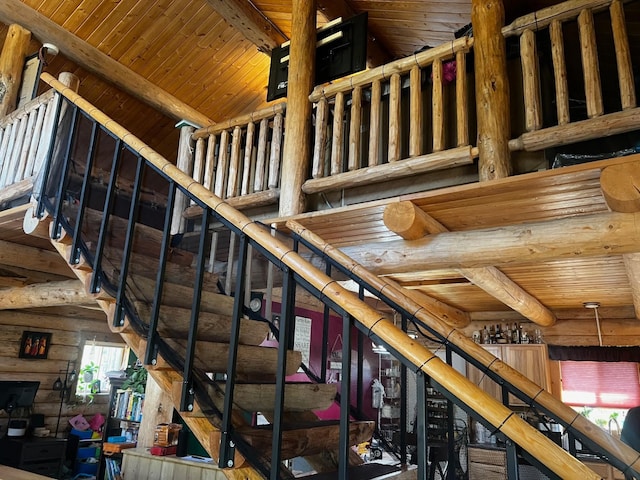 223 E G St, Sula, MT 59871 - stairs featuring a wooden ceiling with exposed beams and log walls