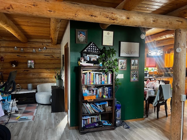 223 E G St, Sula, MT 59871 - office area with log walls, a wood ceiling with exposed beams, and light wood finished floors