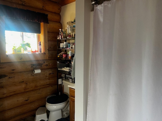 223 E G St, Sula, MT 59871 - full bath with log walls and a shower with shower curtain