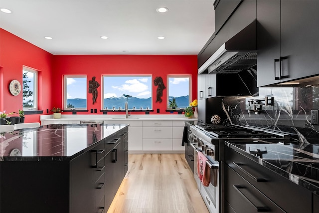 2813 Pine Lakes Ct, Stevensville, MT 59870 - kitchen featuring high end stainless steel range, dark cabinetry, modern cabinets, white cabinetry, and light wood-type flooring