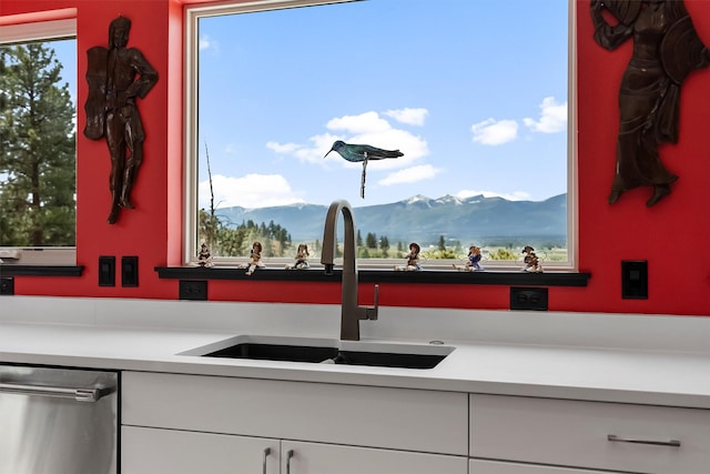 2813 Pine Lakes Ct, Stevensville, MT 59870 - kitchen featuring dishwasher, a mountain view, white cabinetry, light countertops, and plenty of natural light