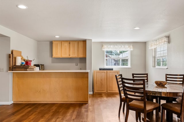 2813 Pine Lakes Ct, Stevensville, MT 59870 - kitchen with plenty of natural light, wood finished floors, recessed lighting, light brown cabinets, and a peninsula
