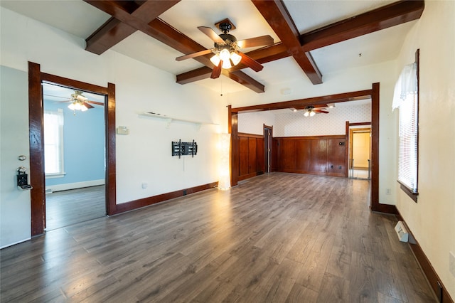 1805 2nd Ave N, Great Falls, MT 59401 - unfurnished living room with ceiling fan, wood finished floors, beam ceiling, coffered ceiling, and wallpapered walls