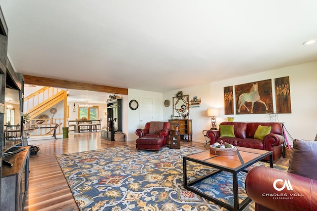 2623 Gold Rush Ave, Helena, MT 59601 - living room featuring wood finished floors, recessed lighting, stairway, and beamed ceiling